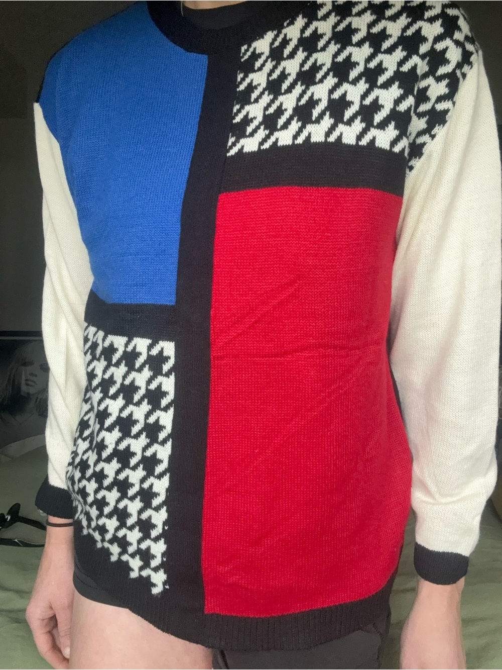 Vintage Tricots Boutique Colorblock Houndstooth Sweater Bold 80s 90s Retro